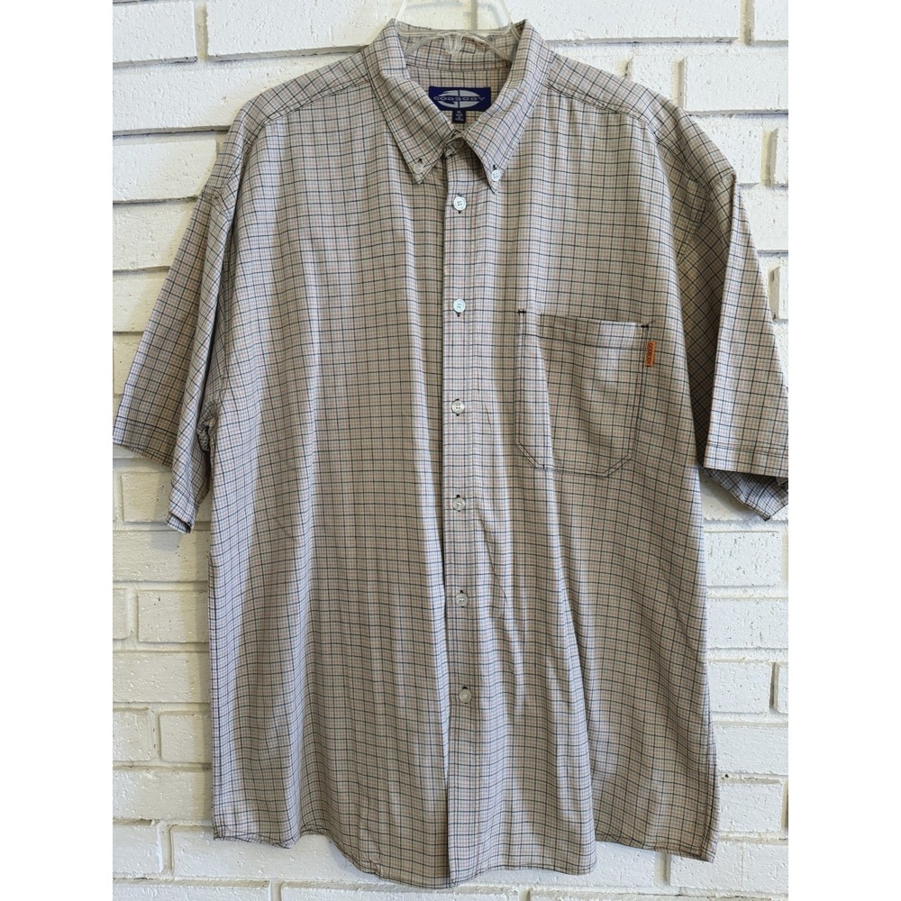 Godbody Sz XL Tan Plaid Button Down Short Sleeve Pocket Dress Shirt 100% Cotton‎